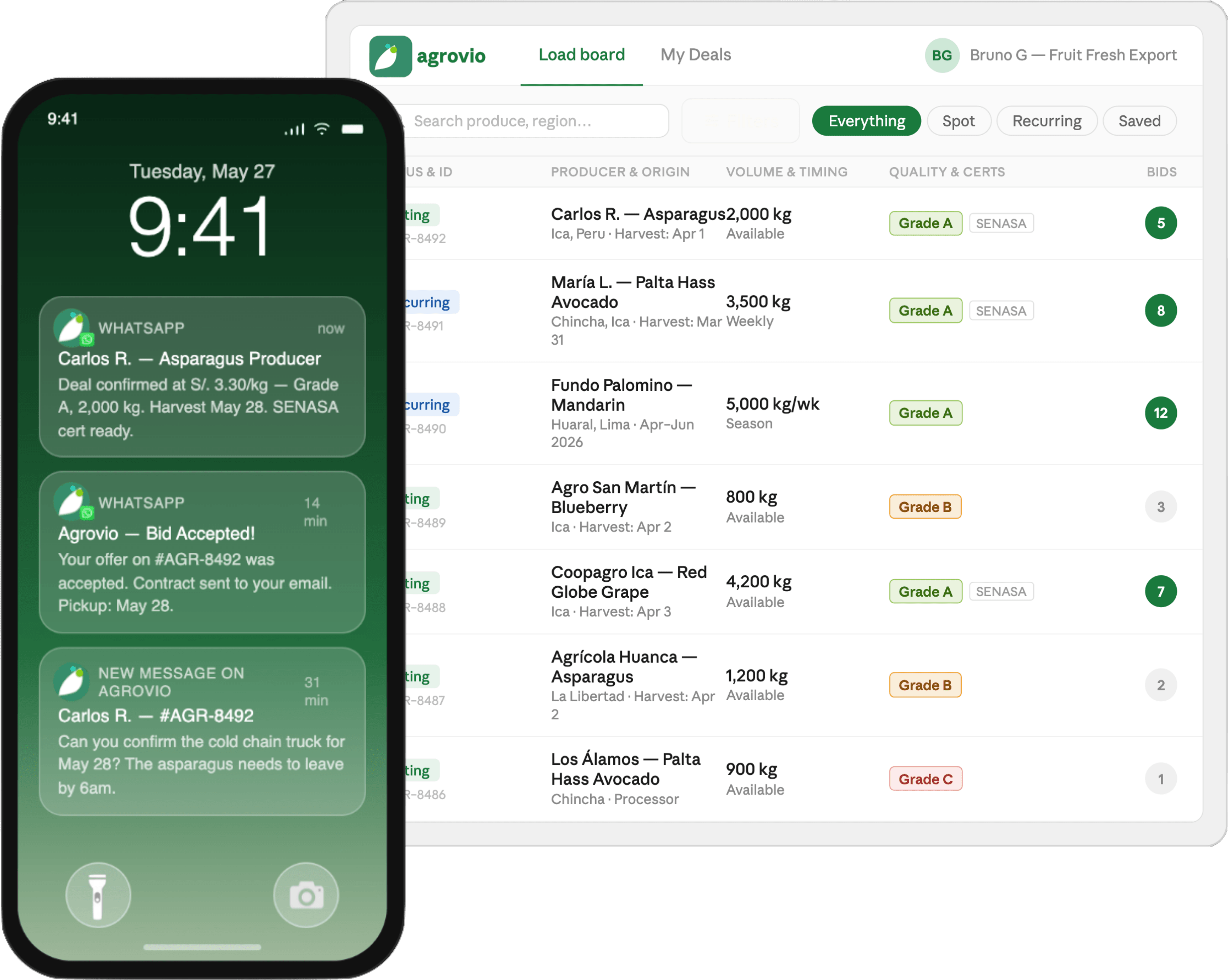 The Agrovio load board with live produce listings and WhatsApp deal notifications